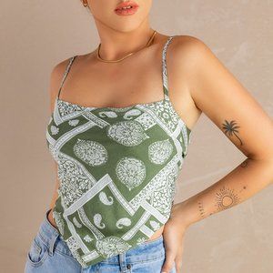 Green Vintage Floral Scarf Print Tie Wrap Cami Top